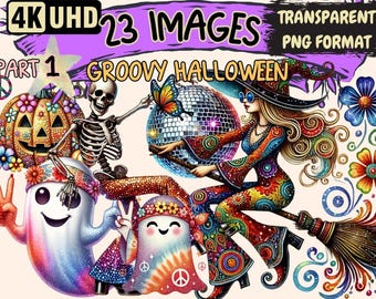 Groovy Halloween Clipart – 23 Retro PNG Illustrations (Digital Download)