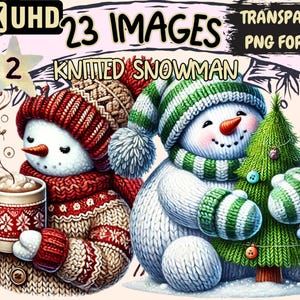 Clipart bonhomme de neige (P2) tricoté - 23 illustrations PNG de bonhomme de neige en fil confortable, art sur le thème de l'hiver, téléchargement numérique instantané, usage Commercial illimité