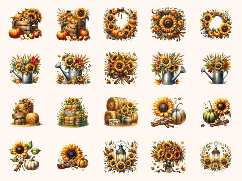 Sunflower Harvest Clipart All Bundles Clipart Line Art - WondersArtist