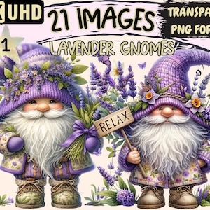 Lavender Gnomes Clipart Bundle- 21 PNG Purple Gnome Graphics, Floral Gnomes Printables, Instant Digital Download, Unlimited Commercial Use