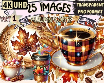 Autumn Coffee Clipart – 25 PNG Cozy Fall Drink Illustrations (Digital Download)