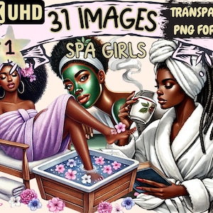Spa Girls Clipart - 31 PNG Black African American Girls Illustrations, Relaxation Art, Instant Digital Download, Unlimited Commercial Use