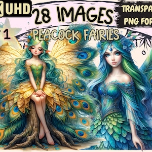 Peacock Fairies Clipart - 28 PNG Enchanting Fairy Graphics, Peacock Printables, Instant Digital Download, Unlimited Commercial Use for Craft