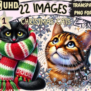Christmas Cats Clipart - 22 PNG Festive Cat Graphics, Holiday Cat Printables, Instant Digital Download, Unlimited Commercial Use Crafts