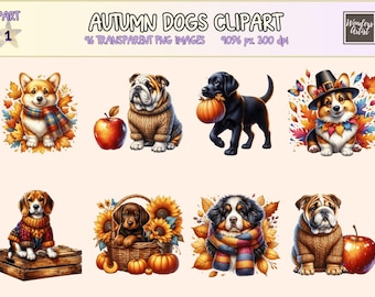 Autumn Dogs Clipart (Commercial Use, Digital Download)