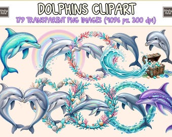Dolphins Clipart - 179 PNG Cute Ocean Dolphin Graphics, Marine Printables, Instant Digital Download, Unlimited Commercial Use