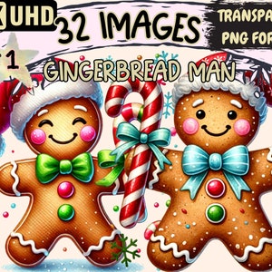 Gingerbread Man Clipart - 32 PNG Festive Cookie Graphics, Holiday Printables, Instant Digital Download, Unlimited Commercial Use for Crafts