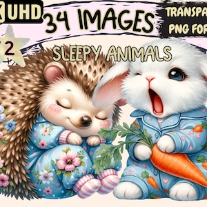 Sleepy Animals (P2) Clipart Bundle - 20 PNG Cute Dreamy Animal Images, Pet Printables, Instant Digital Download, Unlimited Commercial Use