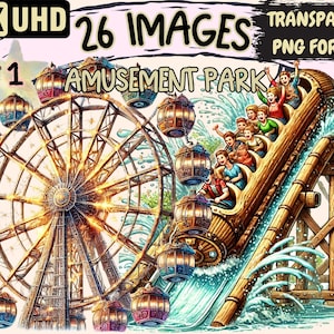 Amusement Park Clipart - 26 PNG Carnival Fun Illustrations, Funfair Event Art, Instant Digital Download, Unlimited Commercial Use for Crafts