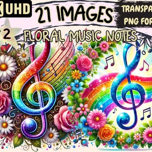 Floral Music Notes (P2) Clipart - 21 PNG Flower Note Illustrations, Musical Art, Instant Digital Download, Unlimited Commercial Use Crafts