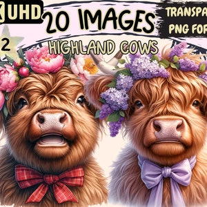 Highland Cows Clipart - 20 PNG Highland Cattle Graphics, Cute Mountain Cow Printables, Instant Digital Download, Unlimited Commercial Use