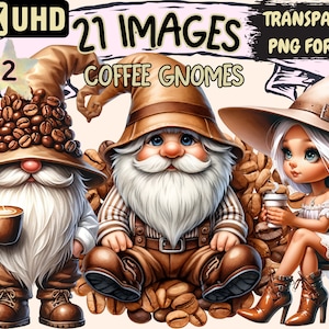 Coffee Gnomes (P2) Clipart - 21 PNG Caffeine Gnome Graphics, Cafe Latte Gnome Printables, Instant Digital Download,Unlimited Commercial Use