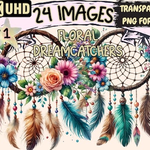 Floral Dreamcatchers Clipart - 24 PNG Boho Flower Illustrations, Decorative Art, Instant Digital Download, Unlimited Commercial Use Crafts
