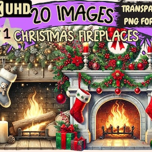 Christmas Fireplaces Clipart - 20 PNG Cozy Fireplace Illustrations, Holiday Art, Instant Digital Download, Unlimited Commercial Use Crafts