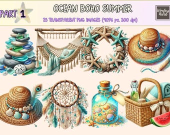 Ocean Boho Clipart – Summer Coastal PNG Graphics (Commercial Use)