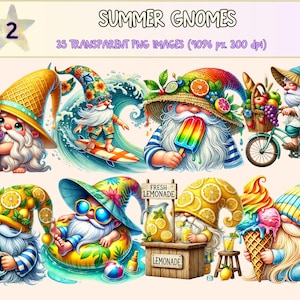 Summer Gnomes (P2) Clipart - 35 PNG Beach Holiday Graphics, Cute Seasonal Tropical Illustrations, Instant Digital Download, Commercial Use