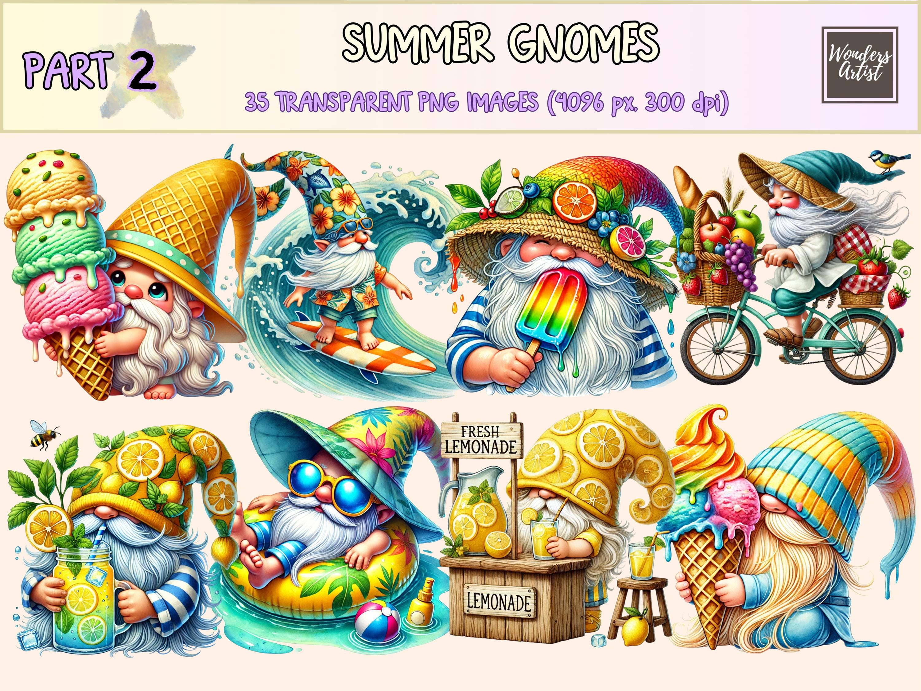 Summer Gnomes (P2) Clipart - 35 PNG Beach Holiday Graphics, Cute Seasonal Tropical Illustrations, Instant Digital Download, Commercial Use