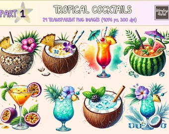 Tropical Cocktails Clipart – Exotic Summer Drink PNG Graphics (Digital Download)