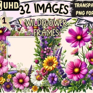 Wildflower Frames Clipart – 32 PNG Floral Graphics (Digital Download)