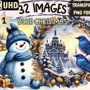 Blue Christmas Clipart - 32 PNG Wintery Blue Holiday Illustrations, Festive Art, Instant Digital Download, Unlimited Commercial Use Crafts