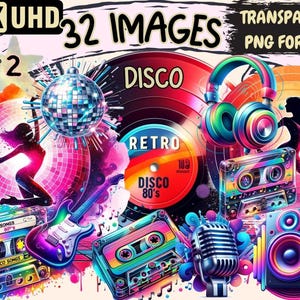 Retro Disco PNG Clipart – 70s Graphics, Commercial Use (Digital Download)