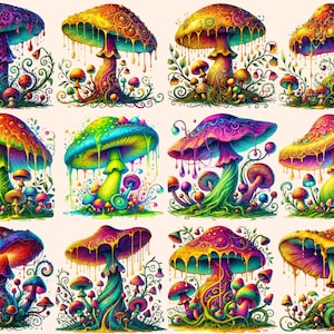 May include: Twelve colorful, psychedelic mushrooms with dripping paint and intricate details. Each mushroom has a unique design and color scheme, creating a vibrant and whimsical scene.
