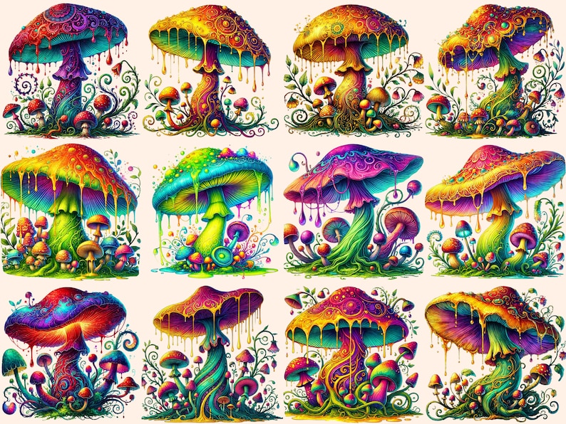 May include: Twelve colorful, psychedelic mushrooms with dripping paint and intricate details. Each mushroom has a unique design and color scheme, creating a vibrant and whimsical scene.