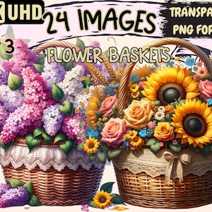 Flower Baskets (P3) Clipart - 24 PNG Charming Basket Graphics, Floral Printables, Instant Digital Download, Unlimited Commercial Use Crafts