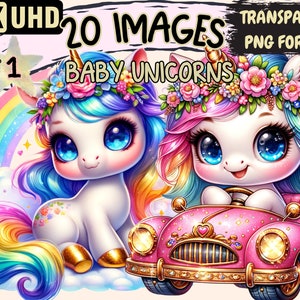 Baby Unicorns Clipart - 20 PNG Adorable Unicorn Graphics, Cute Printables, Instant Digital Download, Unlimited Commercial Use for Crafts