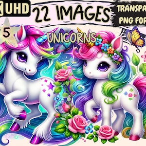 Unicorns (P5) Clipart - 22 PNG Magical Unicorn Graphics, Fairytale Whimsical Printables, Instant Digital Download, Unlimited Commercial Use