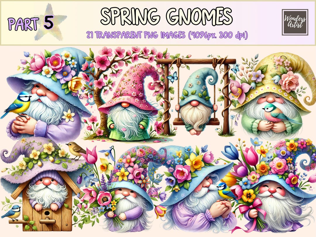 Spring Gnomes (P5) Clipart - 21 PNG Floral Gnome Graphics, Cute ...