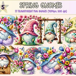 Spring Gnomes (P5) Clipart - 21 PNG Floral Gnome Graphics, Cute Springtime Garden Illustrations, Instant Digital Download, Commercial Use