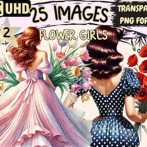 Flower Girls (P2) Clipart - 25 PNG Cute Floral Graphics, Adorable Wedding Printables, Instant Digital Download, Unlimited Commercial Use
