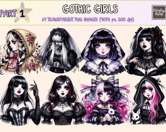Gothic Girls Clipart – Dark Themed Illustrations, Commercial Use (Digital Download)