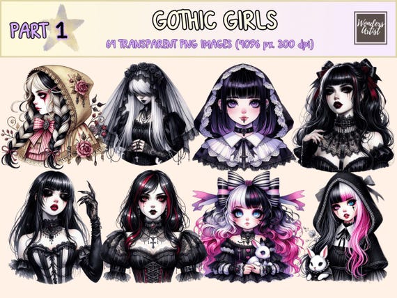 Gothic Girls Clipart – Dark Themed Illustrations, Commercial Use