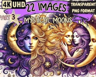 Mystical Moon Graphics – 22 PNG Celestial Clipart, Commercial Use (Digital Download)
