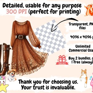Op de afbeelding: Waterverfillustratie met een bruine jurk met een riem, hoge bruine laarzen en een kleine hond. De afbeelding bevat ook verschillende cartoon dieren en de tekst: Detailed, usable for any purpose.