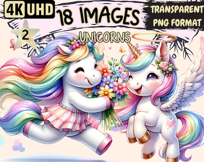 Unicorns (P2) Clipart - 18 PNG Magical Unicorn Graphics, Fairytale Whimsical Printables, Instant Digital Download, Unlimited Commercial Use