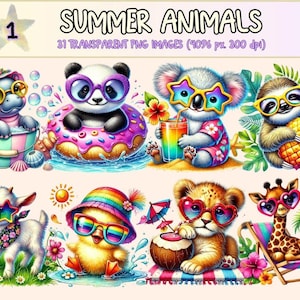 夏の動物クリップアート：ビーチのイラスト、楽しい印刷物（商用利用可、デジタルダウンロード）
