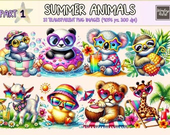 Summer Animals Clipart: Beach Illustrations, Fun Printables (Commercial Use, Digital Download)