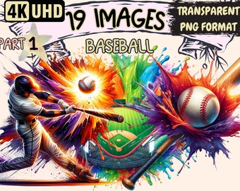 Baseball Clipart - 19 PNG Dynamic Baseball Graphics, Sport Printables, Instant Digital Download, Unlimited Commercial Use for Crafts Designs