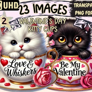 Valentine's Day Kitty Cups (P2) Clipart - 23 PNG Cute Cat Graphics, Holiday Cup Printables,Instant Digital Download, nlimited Commercial Use