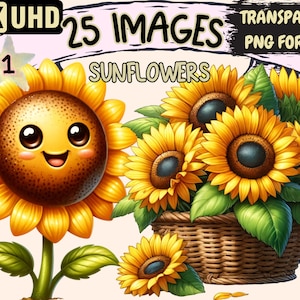 Sunflowers Clipart - 25 PNG Vibrant Sunny Sunflower Graphics, Yellow Floral Printables, Instant Digital Download, Unlimited Commercial Use