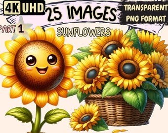 Sunflowers Clipart - 25 PNG Vibrant Sunny Sunflower Graphics, Yellow Floral Printables, Instant Digital Download, Unlimited Commercial Use