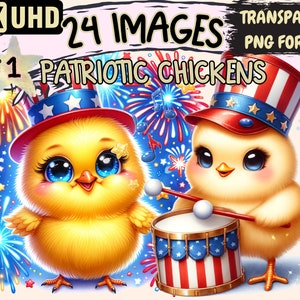 Patriotic Chickens Clipart - 24 PNG Festive Chicken Graphics, 4th of July Printables, Instant Digital Download, Unlimited Commercial Use