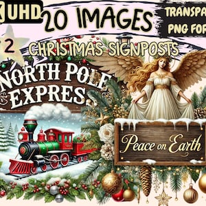 Christmas Signposts (P2) Clipart - 20 PNG Festive Sign Graphics, Holiday Printables, Instant Digital Download, Unlimited Commercial Use