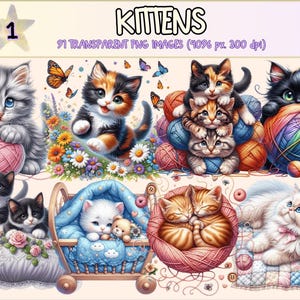Kittens Clipart - 91 PNG Adorable Kitten Graphics, Cute Cat Printables, Instant Digital Download, Unlimited Commercial Use Crafts Designs