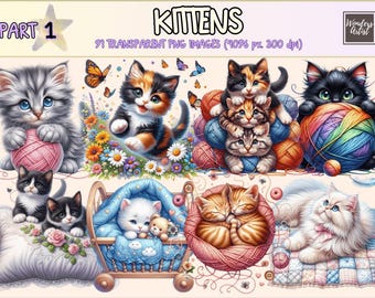 Kittens Clipart - 91 PNG Adorable Kitten Graphics, Cute Cat Printables, Instant Digital Download, Unlimited Commercial Use Crafts Designs