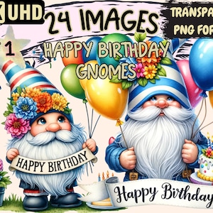 Happy Birthday Gnomes Clipart - 24 PNG Festive Gnome Graphics, Celebration Printables, Instant Digital Download, Unlimited Commercial Use