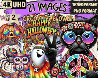 Groovy Halloween Clipart – Retro Spooky PNG Illustrations (Digital Download)